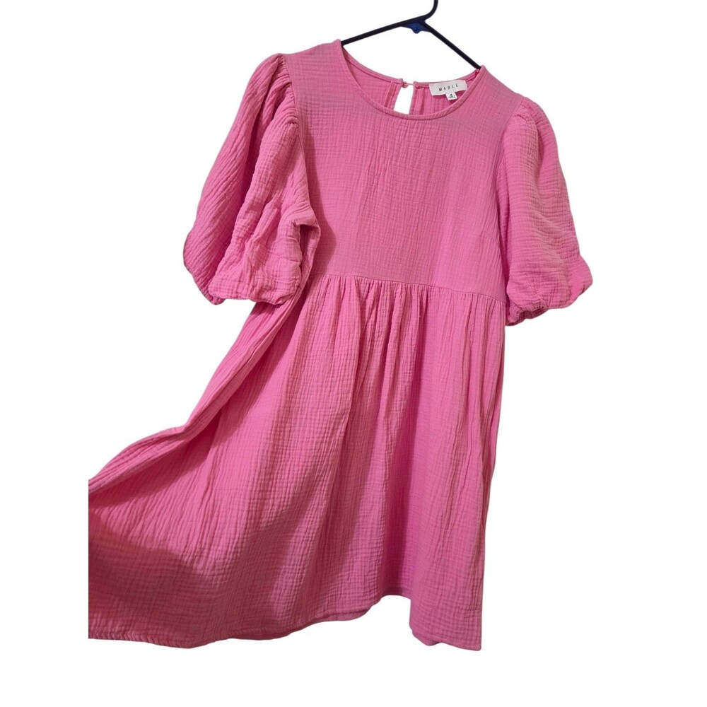 MABLE Mini Dress Women's M Pink Puff Sleeve Romantic Gauzy Cotton A6.1